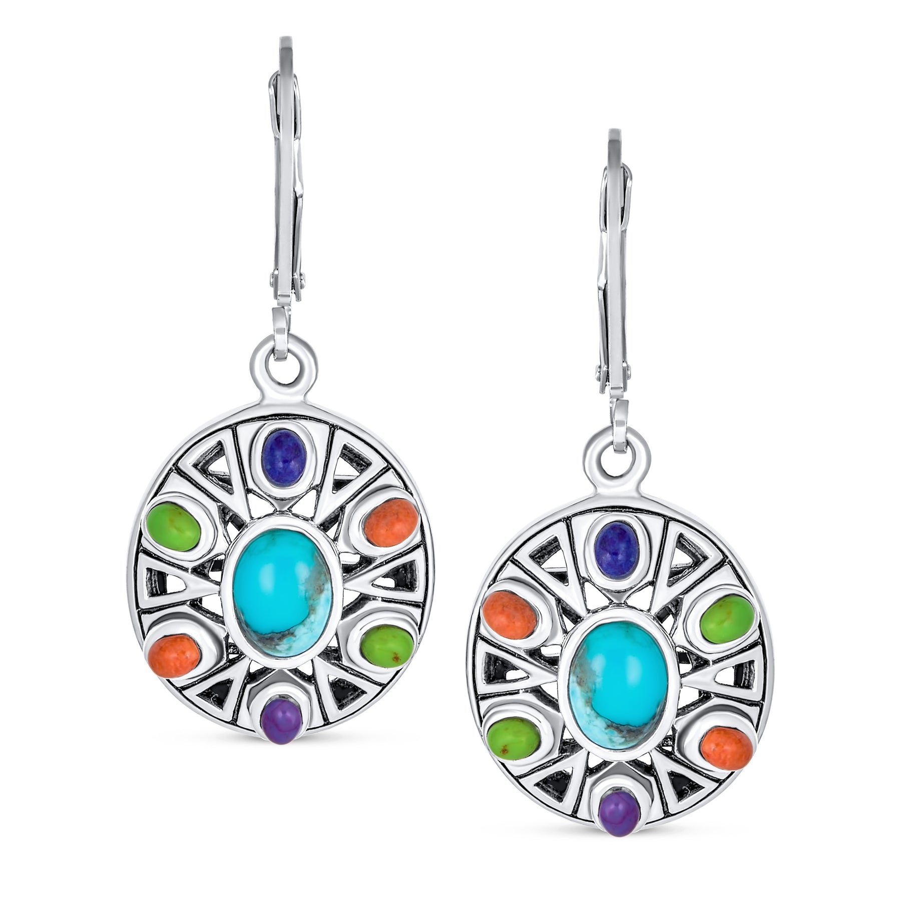 Native American Style Multi Color Stones Lapis Turquoise Coral Drop Earrings .925 Sterling Silver