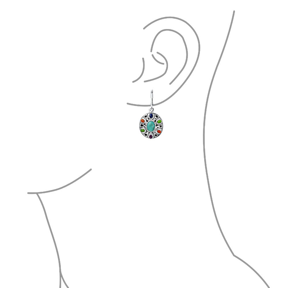 Native American Style Multi Color Stones Lapis Turquoise Coral Drop Earrings .925 Sterling Silver