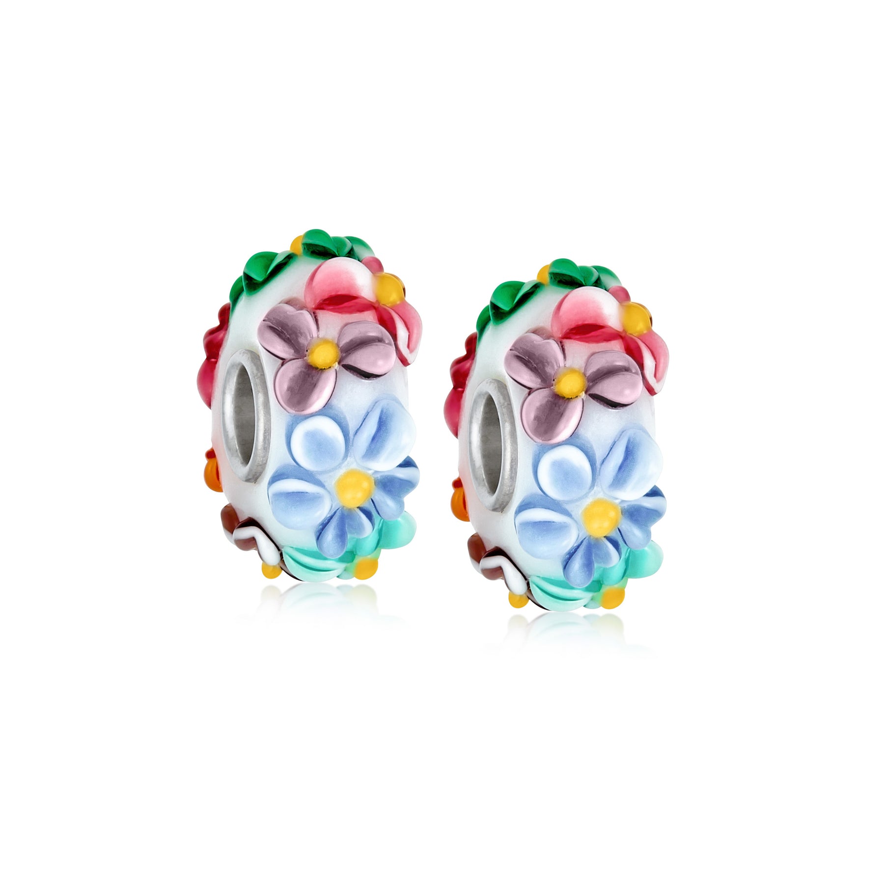 .925 Sterling Silver Glass 3D Multi Color White Pink Blue Green Flower Charm Bead (Set)