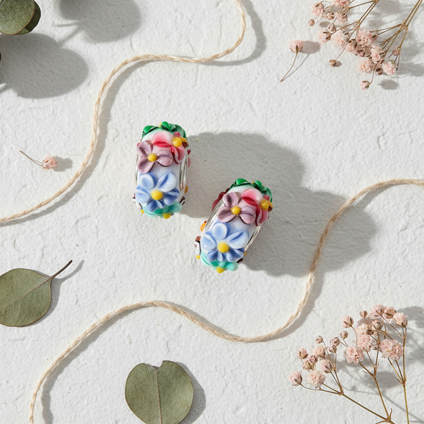 .925 Sterling Silver Glass 3D Multi Color White Pink Blue Green Flower Charm Bead (Set)