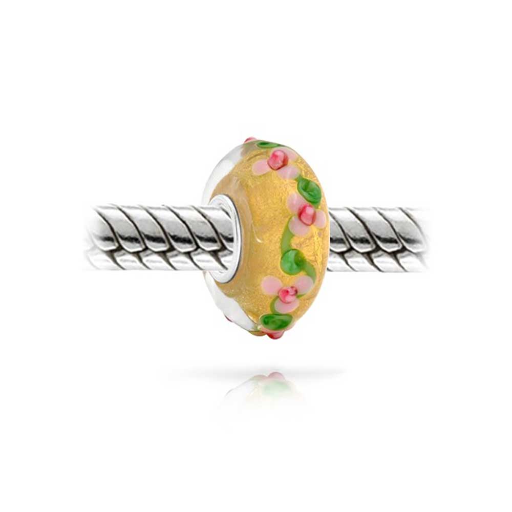Set of 2 Multi-Color Gold Foil Murano Glass Charm Bead 3D Lampwork Flower Silver