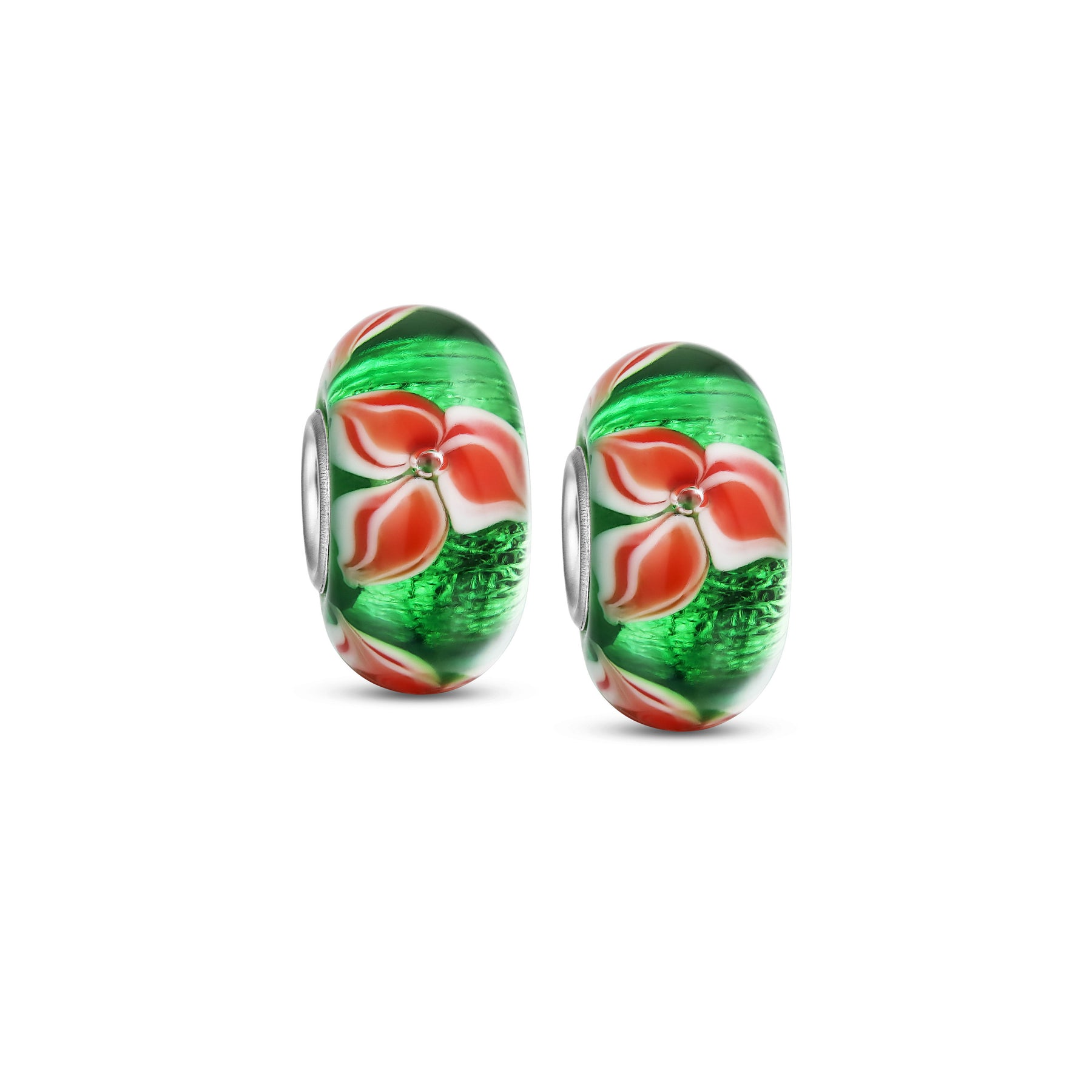 Sterling Silver Red Green Colorful Glass Christmas Flower Poinsettia Bead Charm for Bracelet (Set)