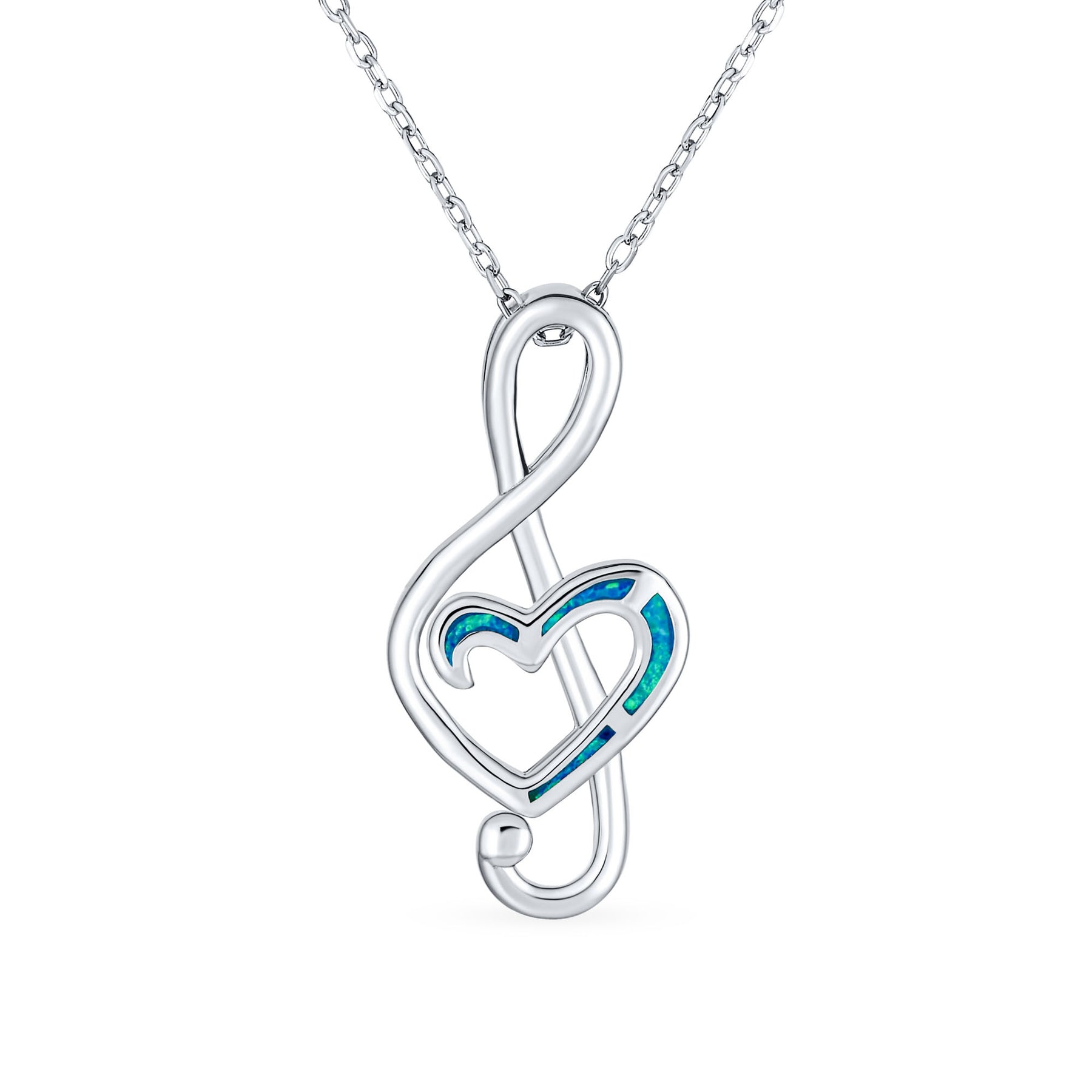 Musical Created Blue Opal Heart Treble Clef Music Note Pendant Necklace .925 Sterling Silver