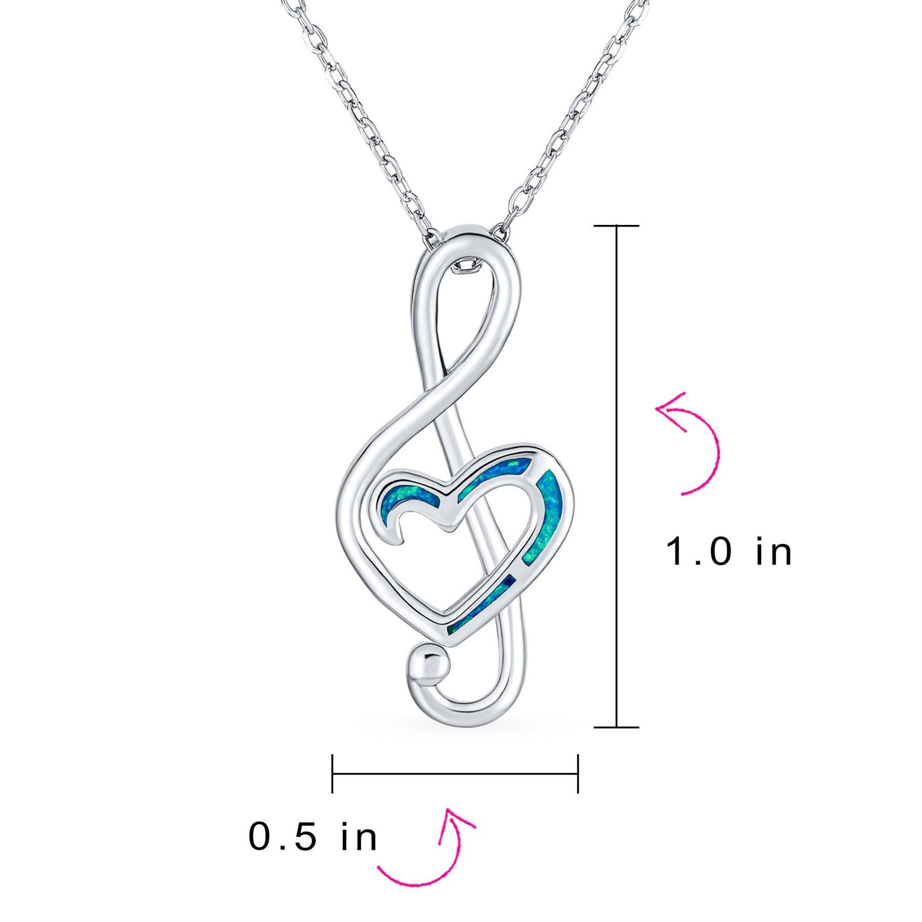 Musical Created Blue Opal Heart Treble Clef Music Note Pendant Necklace .925 Sterling Silver