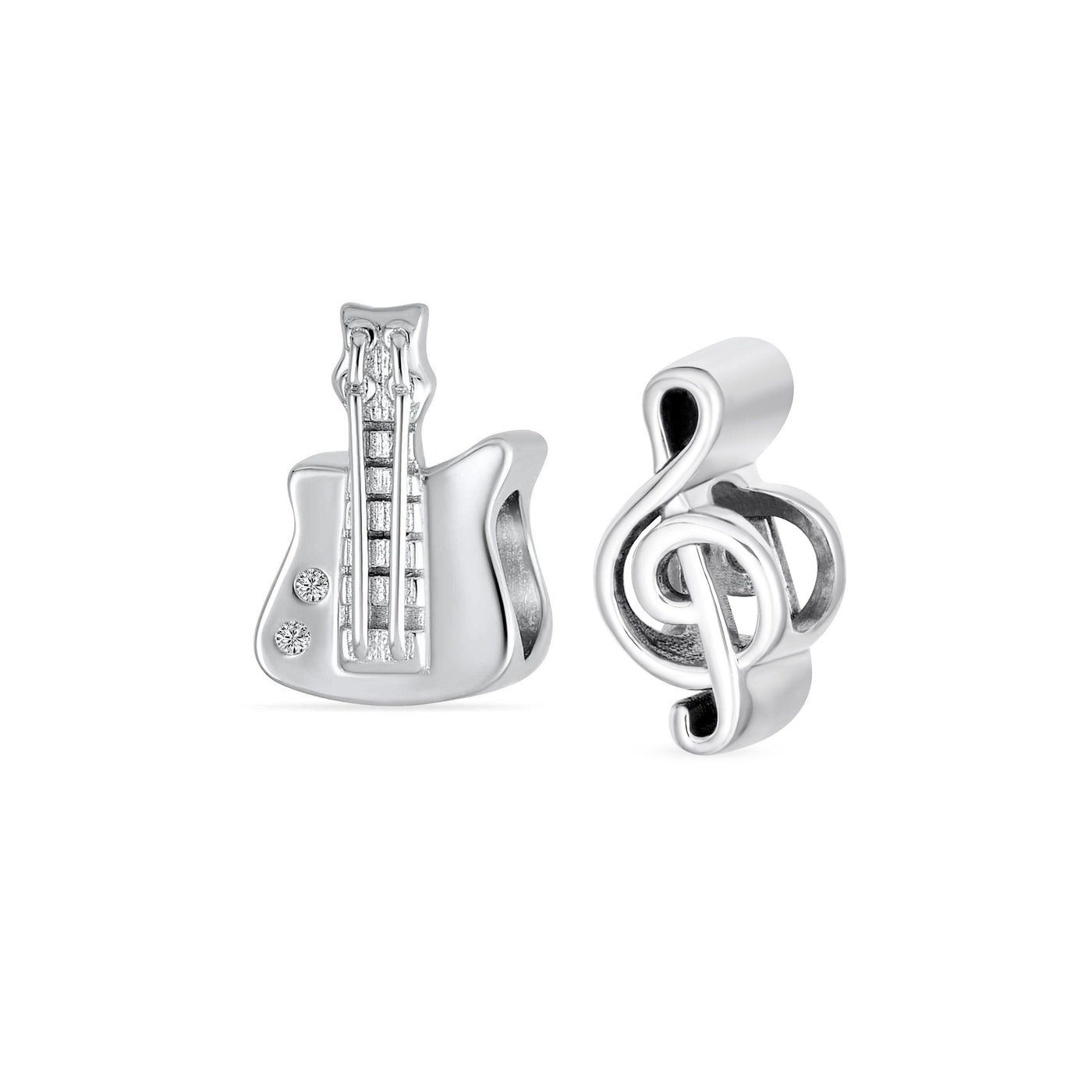 Set of 2 Music Notes G Clef & Electric Guitar Charm Bead Sterling Silver