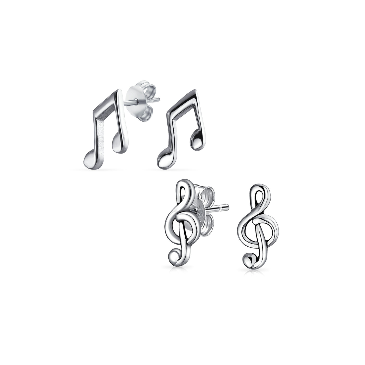 Set of 2 Tiny Music G Treble Clef Eight Note Stud Earrings Sterling Silver
