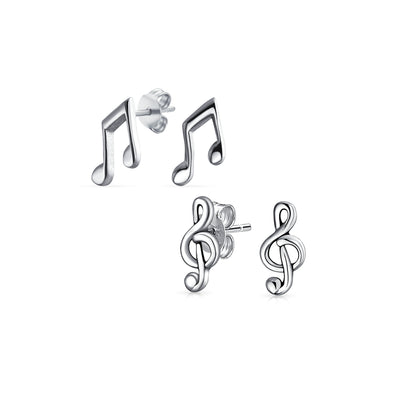 Set of 2 Tiny Music G Treble Clef Eight Note Stud Earrings Sterling Silver
