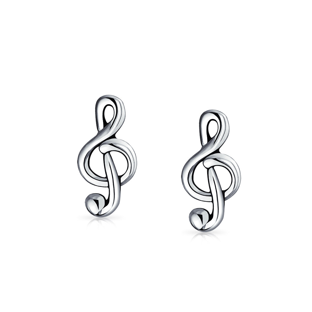 Set of 2 Tiny Music G Treble Clef Eight Note Stud Earrings Sterling Silver