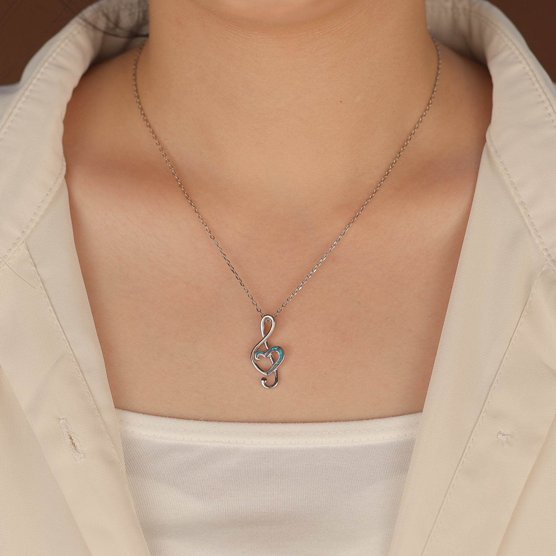 Musical Created Blue Opal Heart Treble Clef Music Note Pendant Necklace .925 Sterling Silver