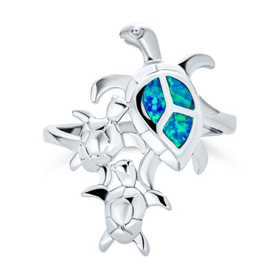 Blue Mom Child Opal Inlay Family Sea Turtle Ring .925Sterling Silver