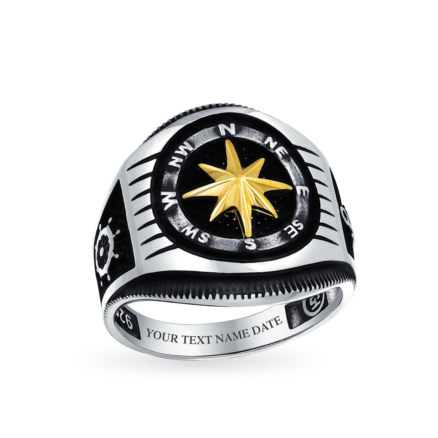 Mens Large Boat Wheel Compass Signet Ring Black Gold-Tone .925 Silver