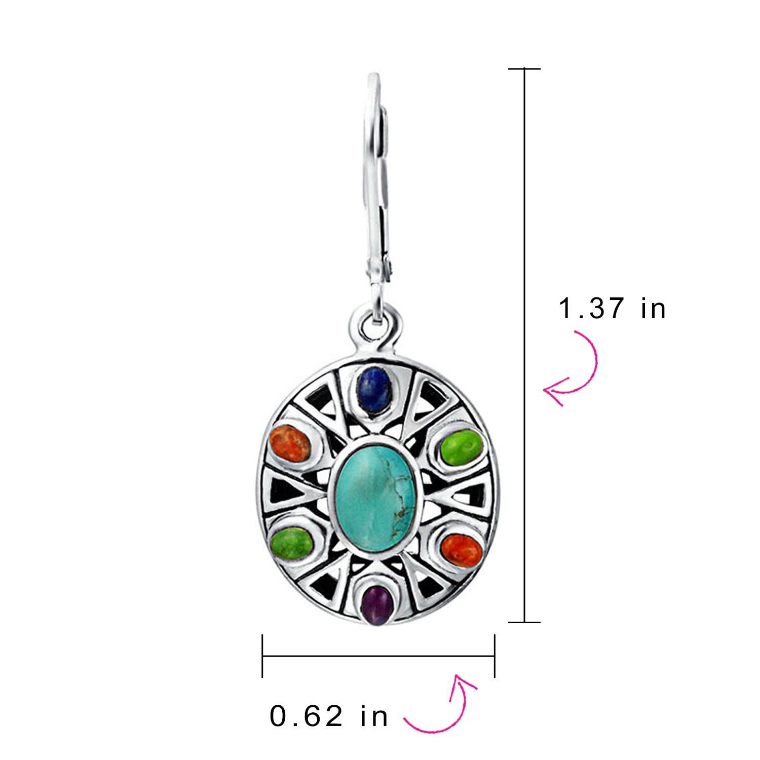 Native American Style Multi Color Stones Lapis Turquoise Coral Drop Earrings .925 Sterling Silver
