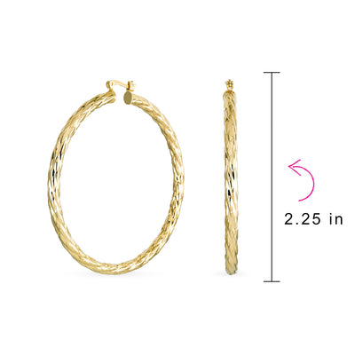 Rope Cable Wide Hoop Huggie Earrings 18K Gold Plated Brass 2.25 Inch Diameter