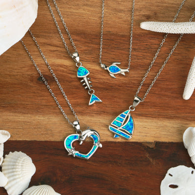 Blue Opal Nautical Trio Heart Starfish Dolphin Pendant Necklace Silver