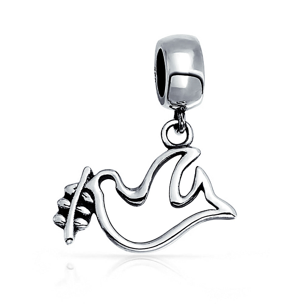 Set of 2 Inspirational World Peace Sign Dove Dangle Charm Bead Sterling Silver