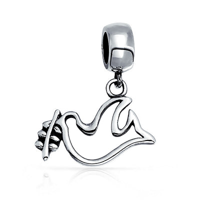 Set of 2 Inspirational World Peace Sign Dove Dangle Charm Bead Sterling Silver
