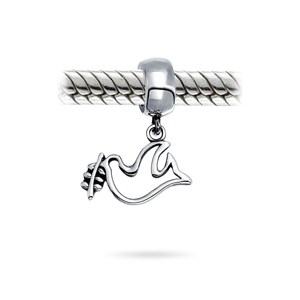 Set of 2 Inspirational World Peace Sign Dove Dangle Charm Bead Sterling Silver