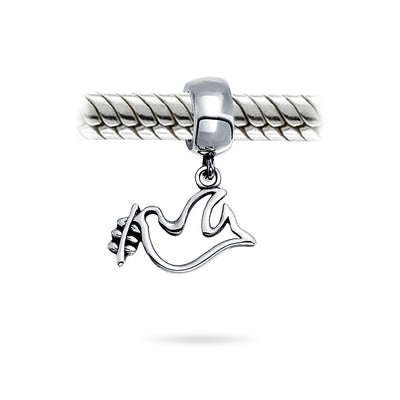 Set of 2 Inspirational World Peace Sign Dove Dangle Charm Bead Sterling Silver