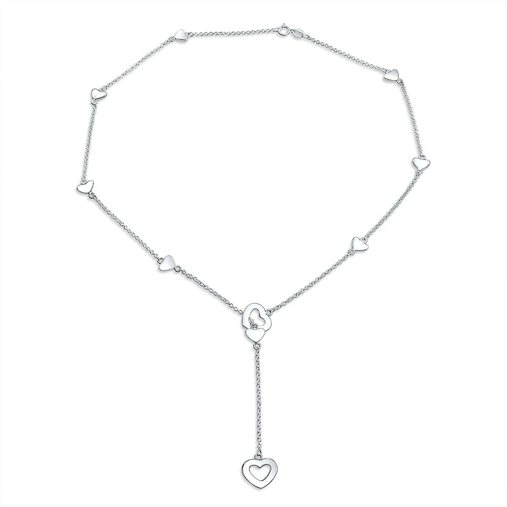 Linear Lariat Heart Necklace & Mini Hoop Earrings Jewelry Set Sterling Silver