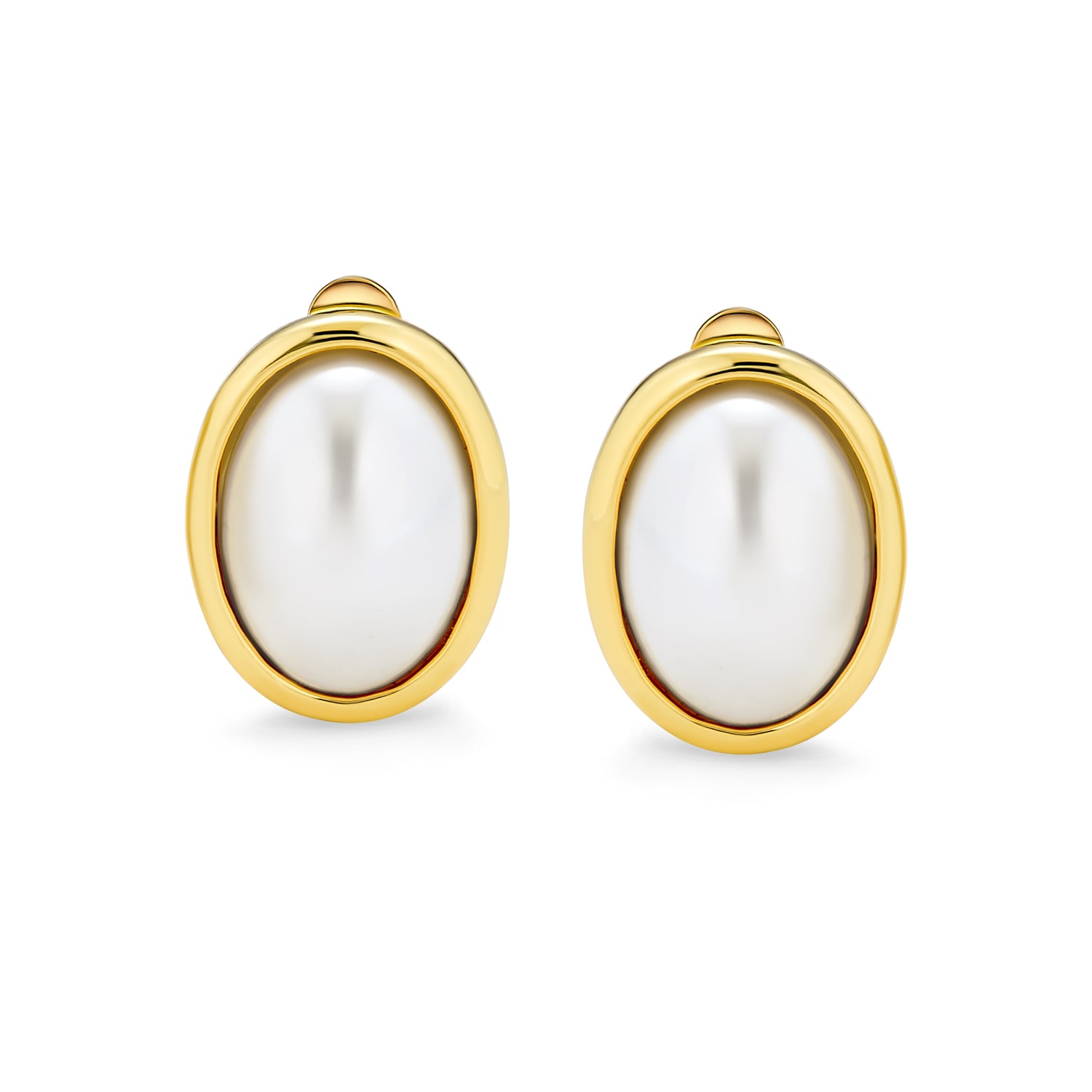 Classic Faux White Pearl Cabochon Bezel Oval Clip On Earrings For 14K Gold Plated Rhodium (Set of 2)