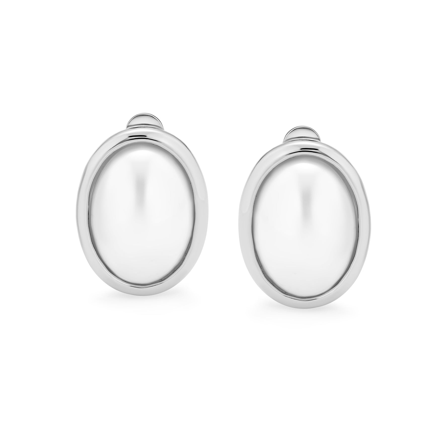Classic Faux White Pearl Cabochon Bezel Oval Clip On Earrings For 14K Gold Plated Rhodium (Set of 2)
