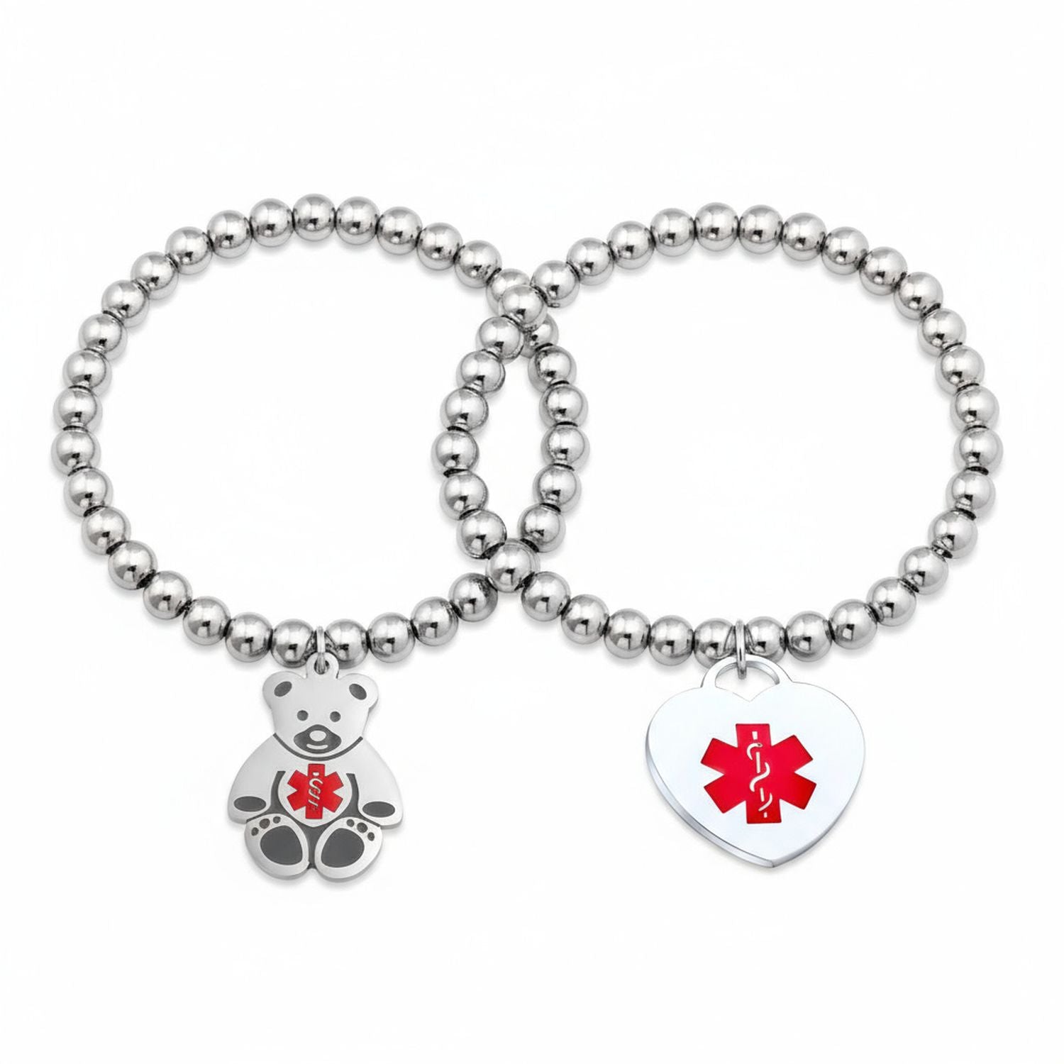 Medical ID Bracelet Set Two Blank Stretch Bead Bear Heart Charm Identification Silver Tone