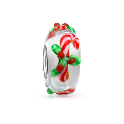 Set of 2 Christmas Charm Bead Red Candy Cane Peppermint Murano Glass Silver