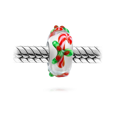 Set of 2 Christmas Charm Bead Red Candy Cane Peppermint Murano Glass Silver