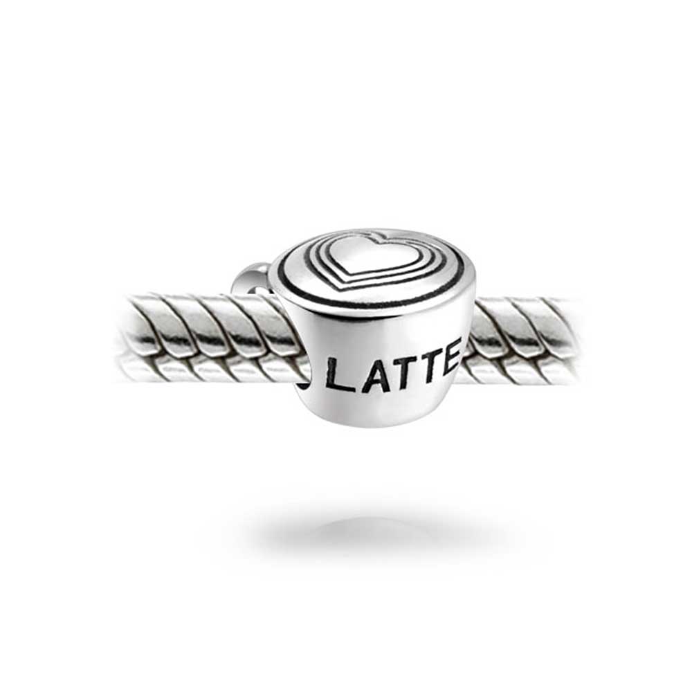 Set of 2 Latte Cup and Open Filigree Heart Charm Bead Oxidized Sterling Silver