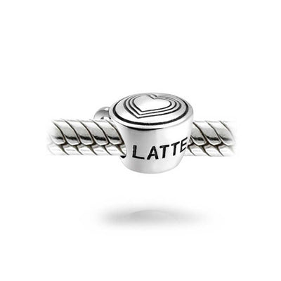 Set of 2 Latte Cup and Open Filigree Heart Charm Bead Oxidized Sterling Silver