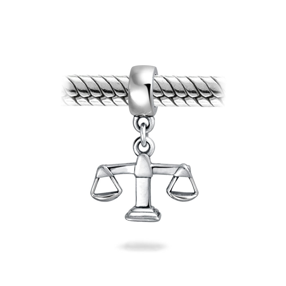 Sterling Silver Judge Lawyer Scales Of Justice Libra Zodiac Sign Dangle Charm Bead for Bracelet