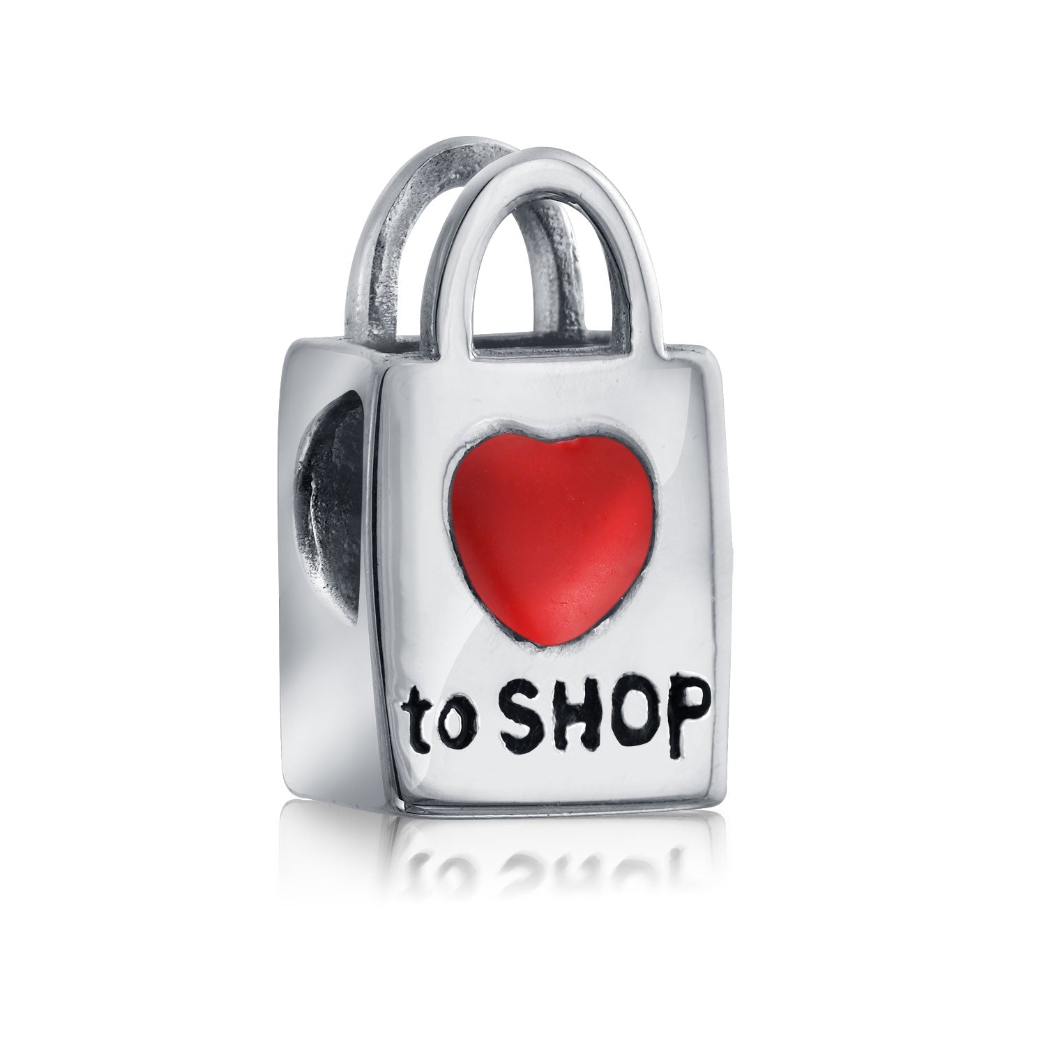 .925 Sterling Silver Shopping Bag Heart Love Charm Bead Oxidized for Bracelet