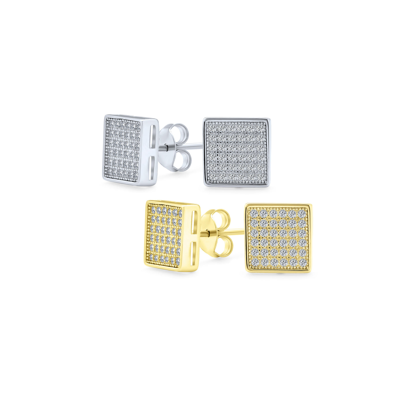 Set of 2 Geometric Square CZ Stud Earrings Gold Sterling Silver