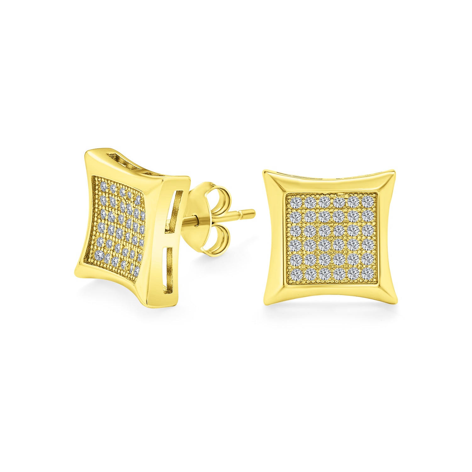 Square Shaped Cubic Zirconia Micro Pave CZ Kite Stud Earrings Gold Plated Sterling Silver