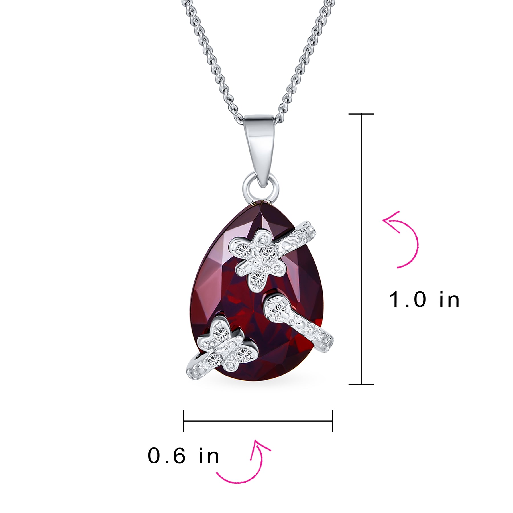 Romantic Pave Butterfly Ruby Red Teardrop Pendant Necklace Sterling Silver Chain