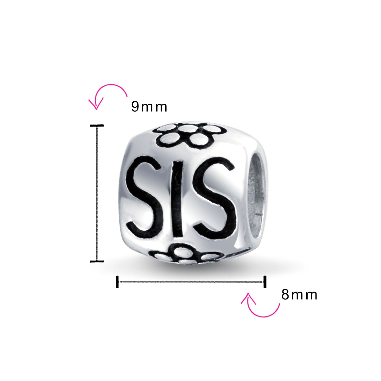 Sterling Silver Floral Filigree Bouquet Flower Heart Love Sorority Sister Word SIS Charm Bead (Set)