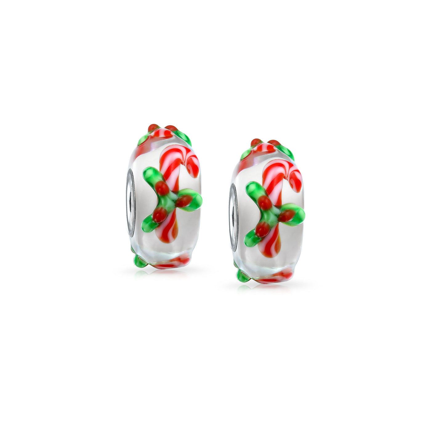 Set of 2 Christmas Charm Bead Red Candy Cane Peppermint Murano Glass Silver