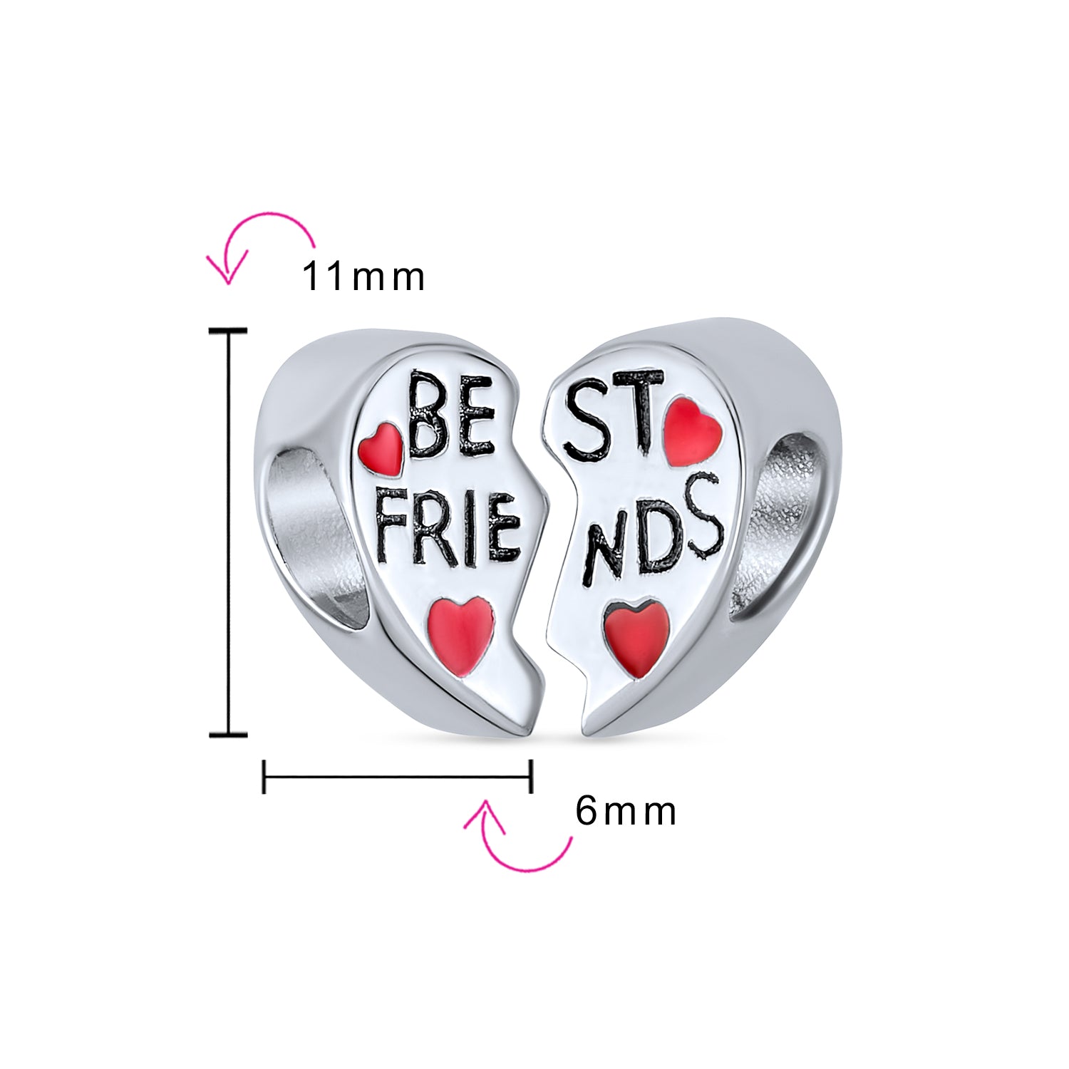 Sterling Silver Forever SIS Split Red Heart 2 Piece Best Friends Charm Bead Sterling for Bracelet