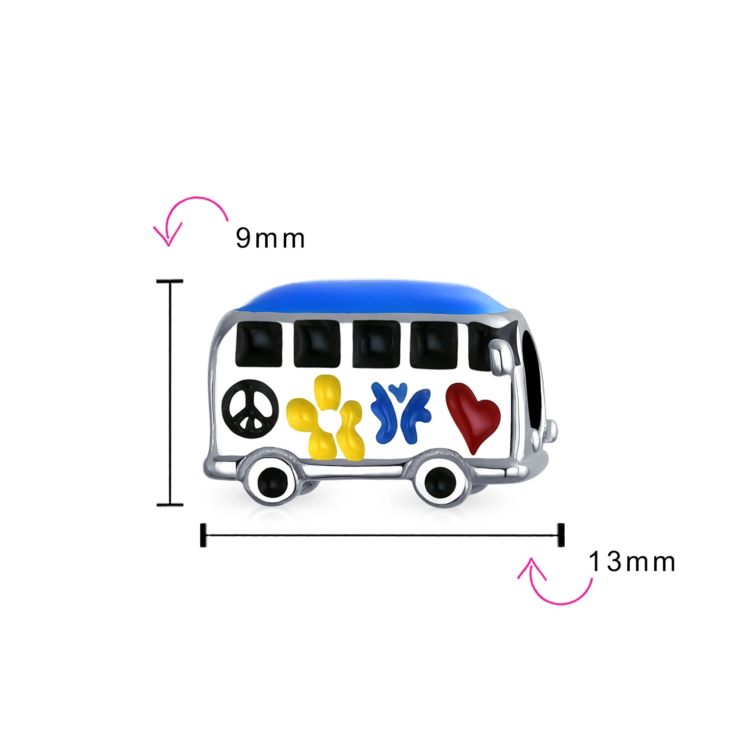 .925 Sterling Silver Multi Color Retro 1960S Peace Love Hippie Volk Wagon Van Bus Charm Bead
