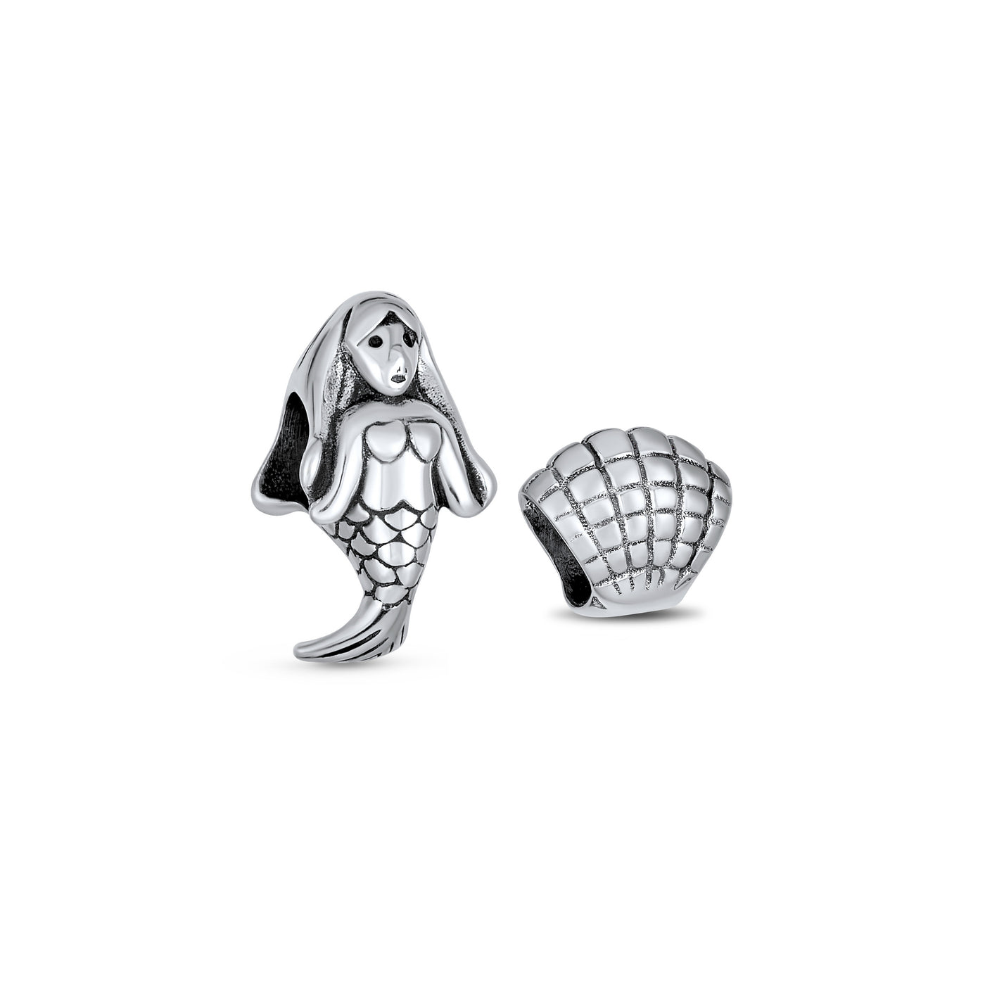 Set of 2 Nautical Clam Shell and Sea Nymph Mermaid Charm Bead Sterling Silver