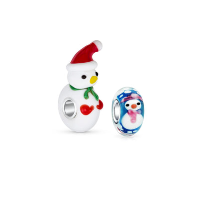 Set of 2 Christmas Charm Bead Snowman Murano Glass Silver for European Bracelet