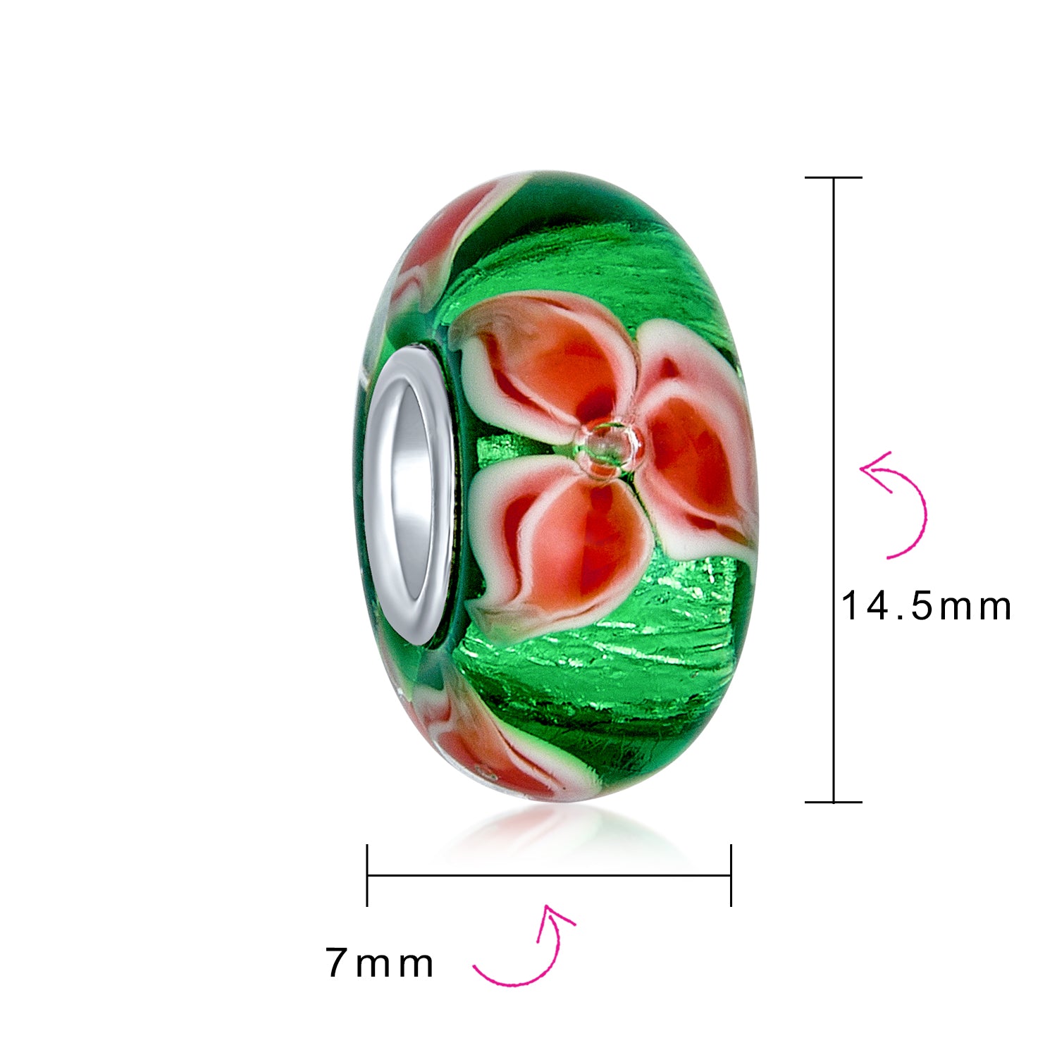 Sterling Silver Red Green Colorful Glass Christmas Flower Poinsettia Bead Charm for Bracelet (Set)