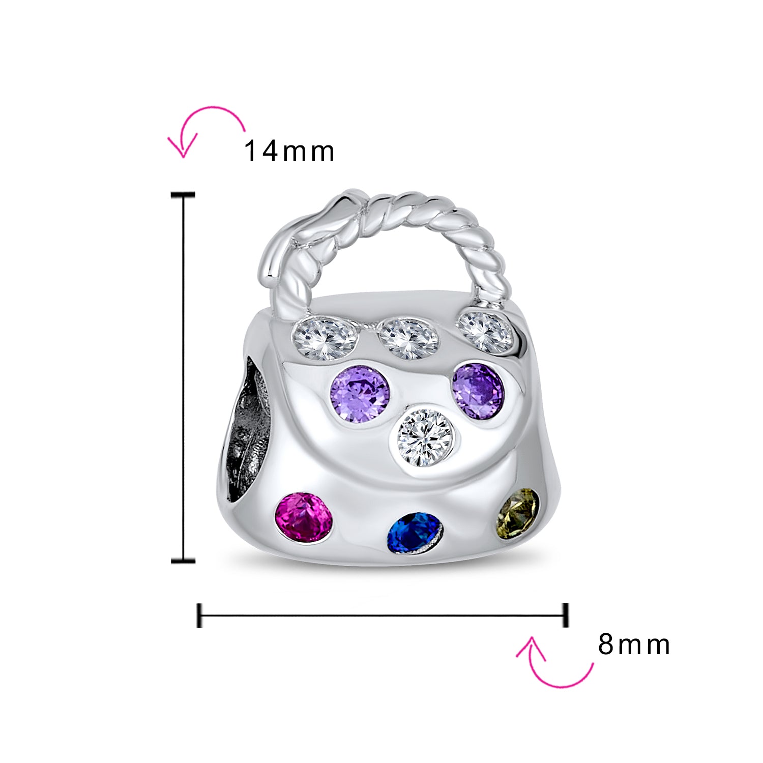 .925 Sterling Silver Fashion Multicolor CZ Clutch Purse Pocketbook Hand Bag Charm Bead Gold Plated