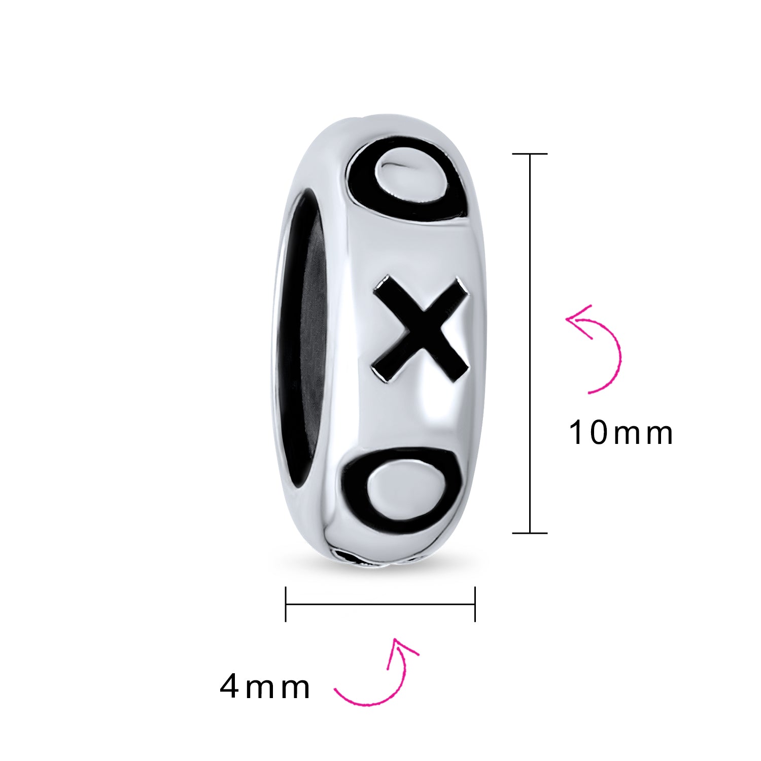 Sterling Silver XO Hugs & Kisses Spacer Stopper Bead Charm Black Rubber Center for Bracelet (Set)