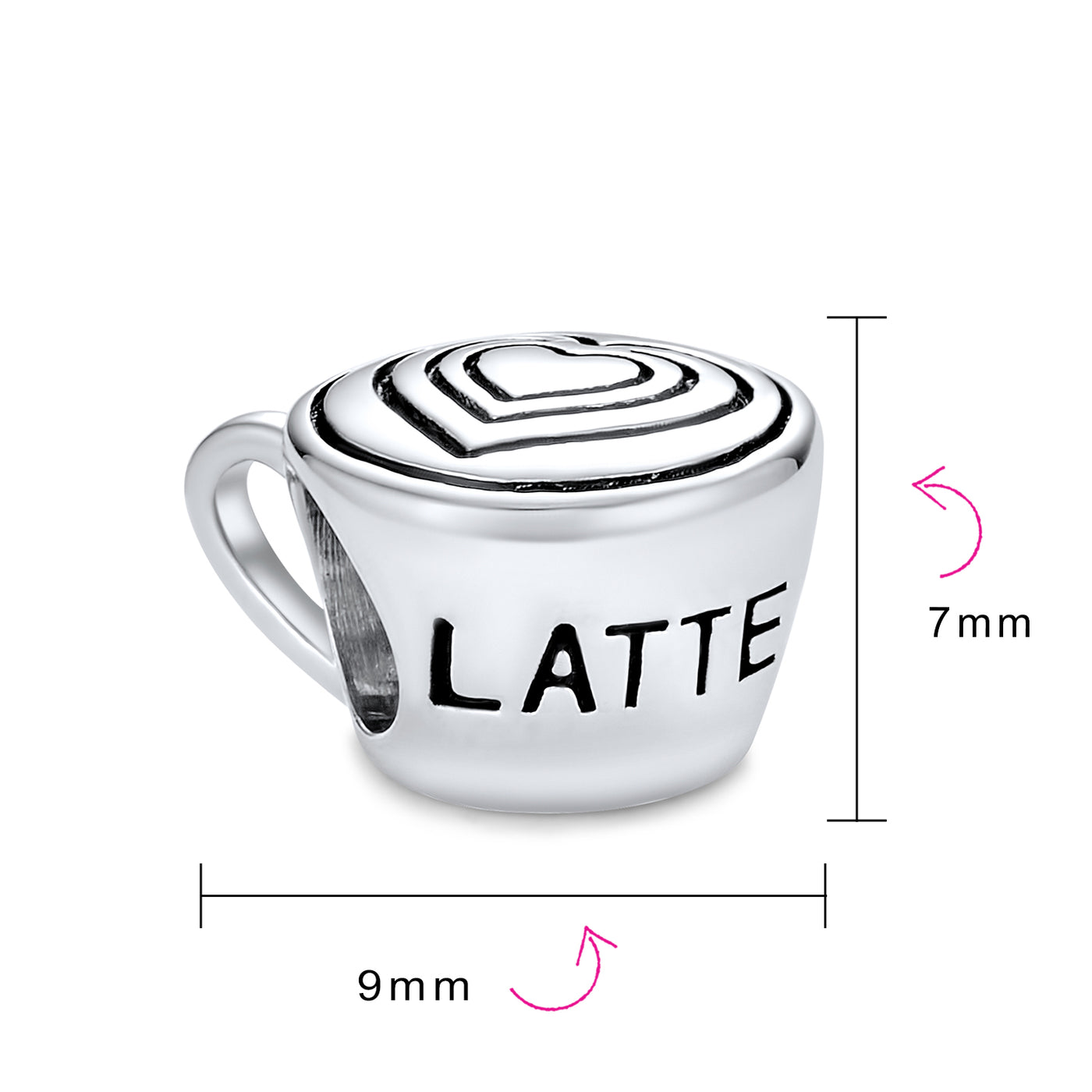 Set of 2 Latte Cup and Open Filigree Heart Charm Bead Oxidized Sterling Silver