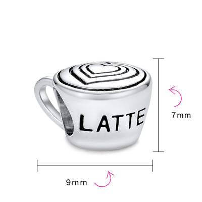 Set of 2 Latte Cup and Open Filigree Heart Charm Bead Oxidized Sterling Silver