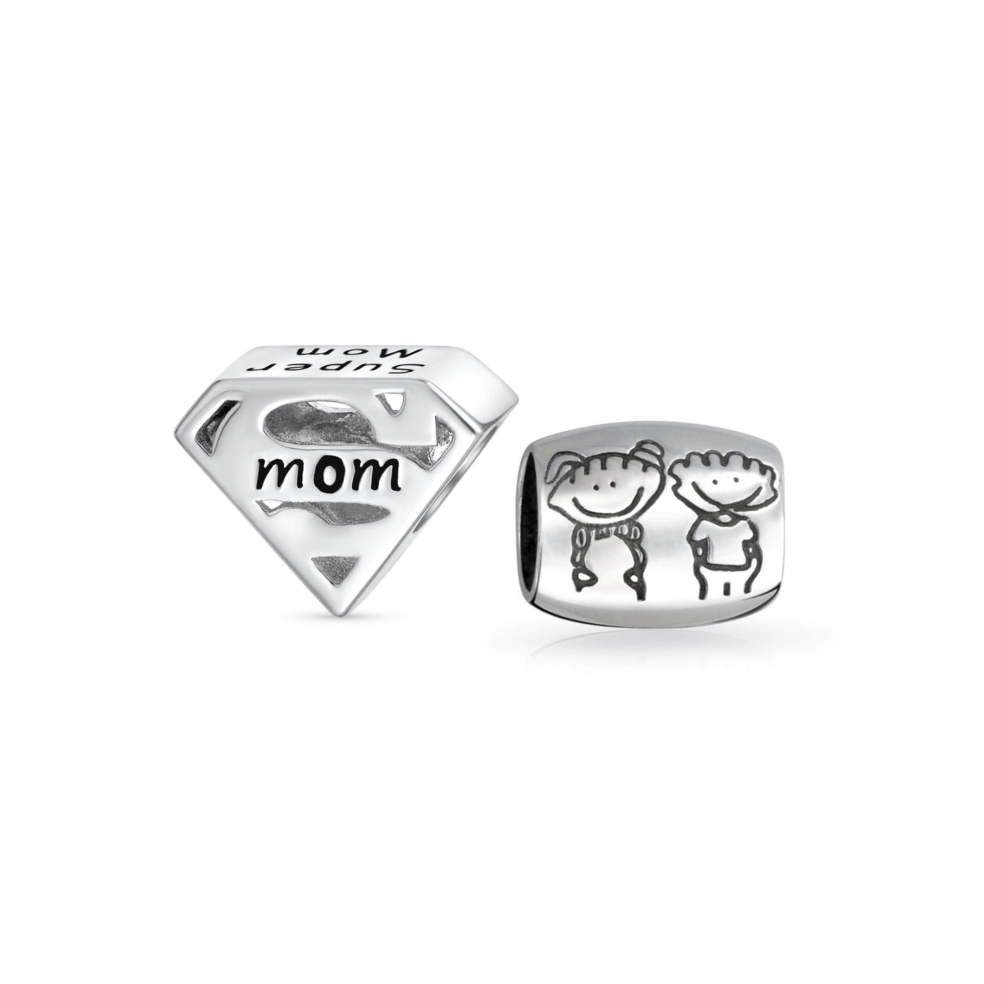 Set of 2 Mother's Day SUPER MOM and BFF Friendship Charm Bead Sterling Silver