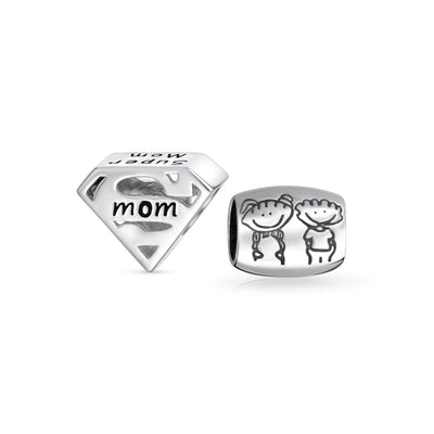 Set of 2 Mother's Day SUPER MOM and BFF Friendship Charm Bead Sterling Silver