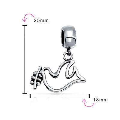Set of 2 Inspirational World Peace Sign Dove Dangle Charm Bead Sterling Silver