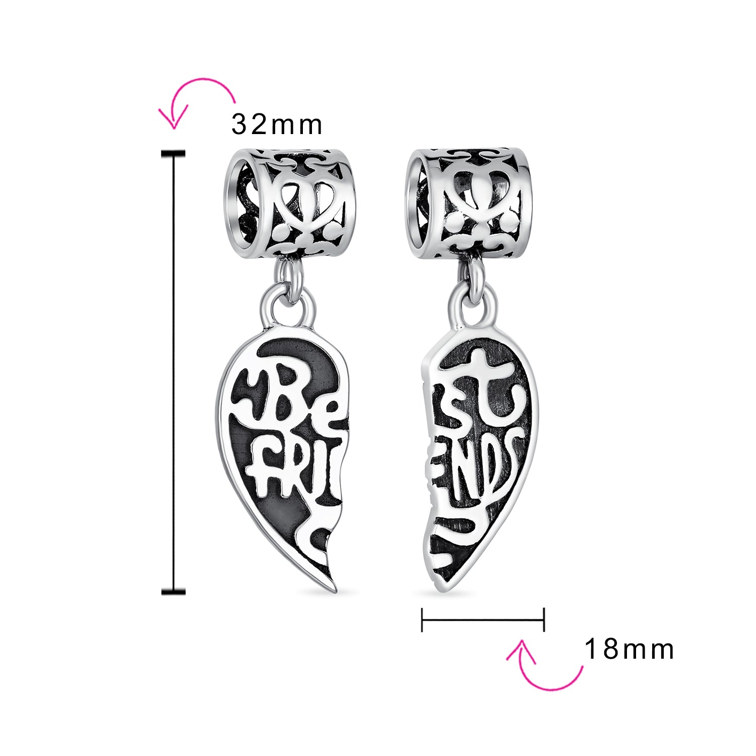 Sterling Silver Forever Words Best Friends Puzzle Two Piece Split Heart Shape Dangle Charm Bead